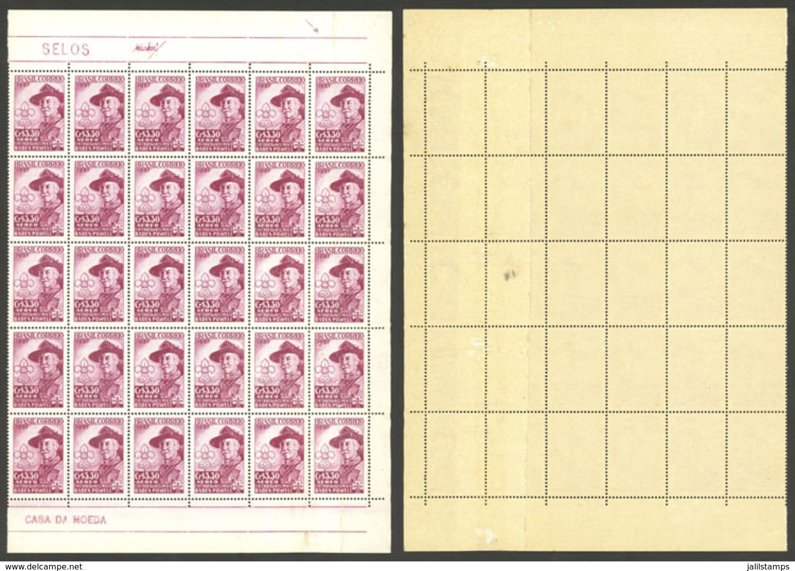 BRAZIL: RHM.A-85, 1957 Scouts (Baden Powell), Block Of 30 With End-of-roll Double Paper Variety Affecting 10 Examples, V - Posta Aerea