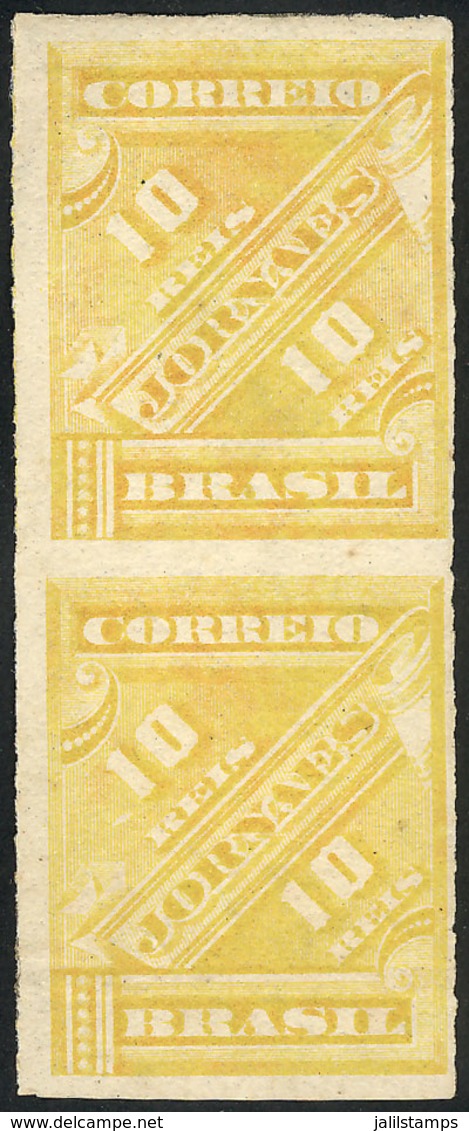BRAZIL: Sc.P1a (RHM.J-1sph), 1869 10R. Yellow, Pair Rouletted IMPERFORATE BETWEEN, Excellent Quality, RHM Catalog Value  - Autres & Non Classés