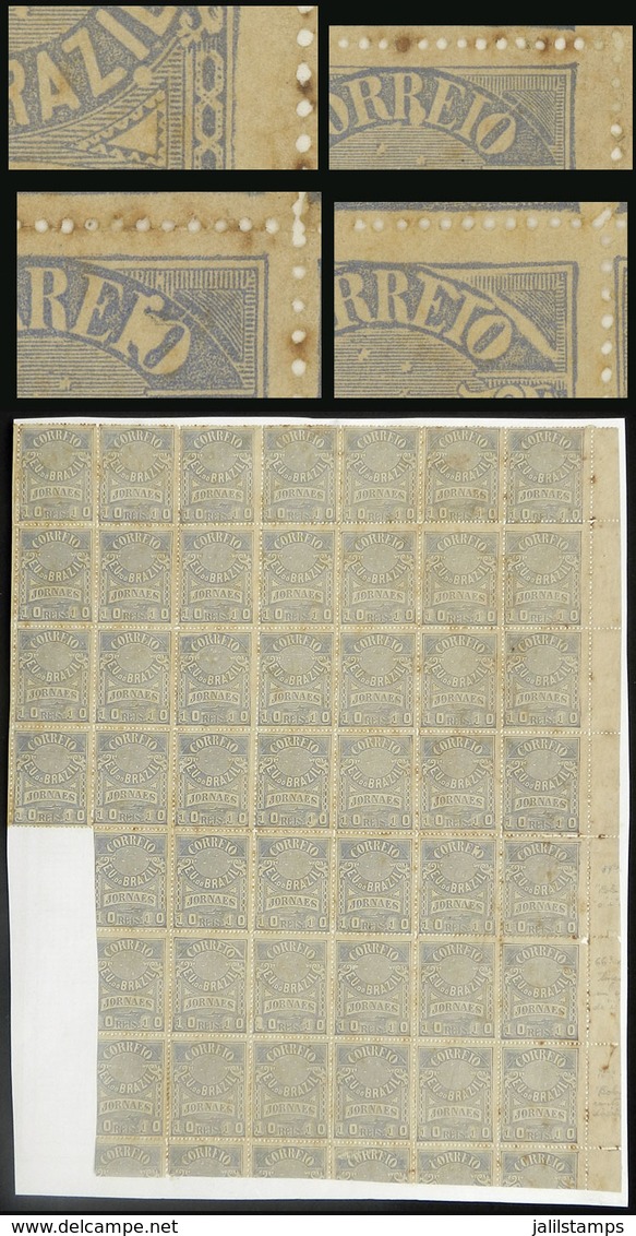 BRAZIL: RHM.J-22, 1890 10rs. Blue, Block Of 43 Stamps Glued To Album Page, Some With VARIETIES, Interesting! - Altri & Non Classificati