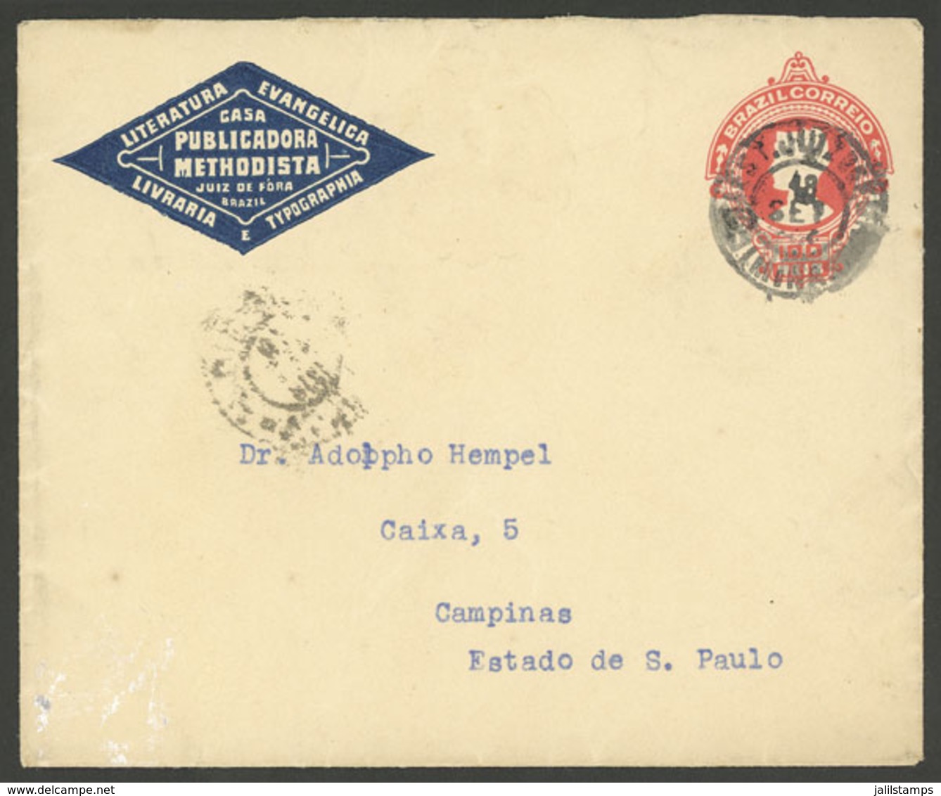 BRAZIL: 100rs. Stationery Envelope With Nice Impression On Front And Back Of "Casa Publicadora Methodista", VF!" - Postal Stationery