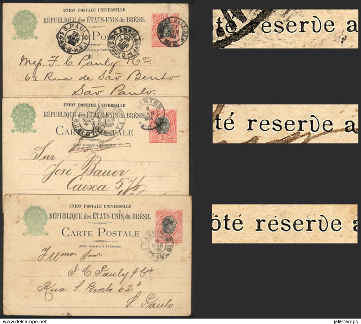 BRAZIL: RHM.BP-57B, 3 Postal Cards With Variety "no Accent Over The E Of Reservé", Not Priced As Used In The RHM Catalog - Entiers Postaux