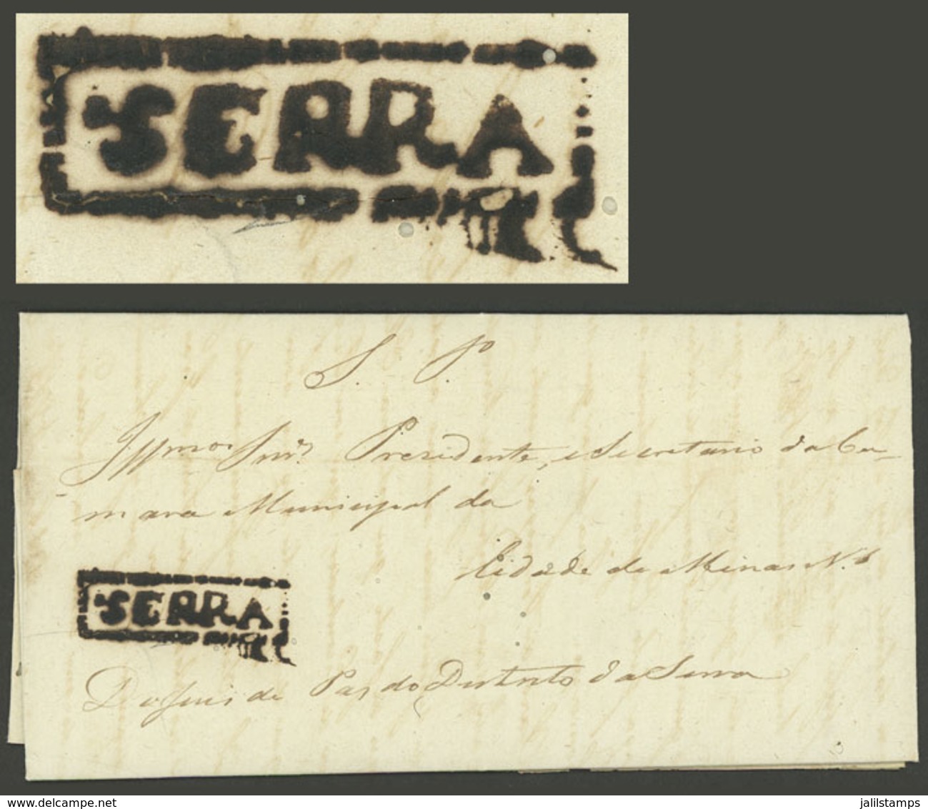 BRAZIL: Entire Letter Sent To Minas Novas On 18/MAY/1841, With The Pre-stamp Framed SERRA Mark Perfectly Applied, Handso - Cartoline Maximum