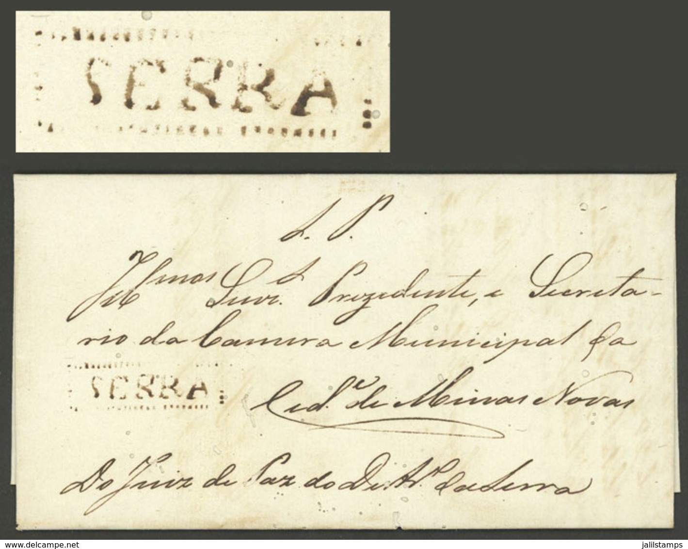 BRAZIL: Entire Letter Sent To Minas Novas On 12/JUN/1842, With The Pre-stamp Framed SERRA Mark Perfectly Applied, Very N - Cartes-maximum