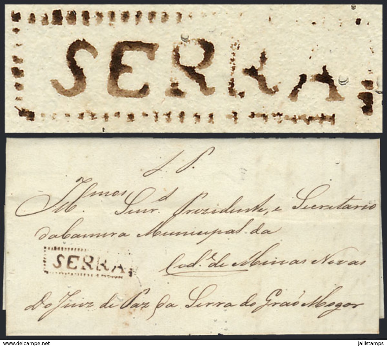 BRAZIL: Entire Letter Dated 12/JUN/1842 To Minas Novas, With The Rare Pre-stamp Marking "SERRA" In Sepia Very Well Appli - Cartoline Maximum