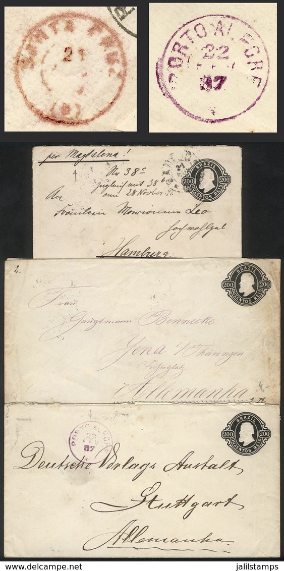 BRAZIL: 3 Stationery Envelopes Of 200Rs. Sent To Germany Between 1885 And 1891, With Interesting Cancels, For Example Da - Cartes-maximum