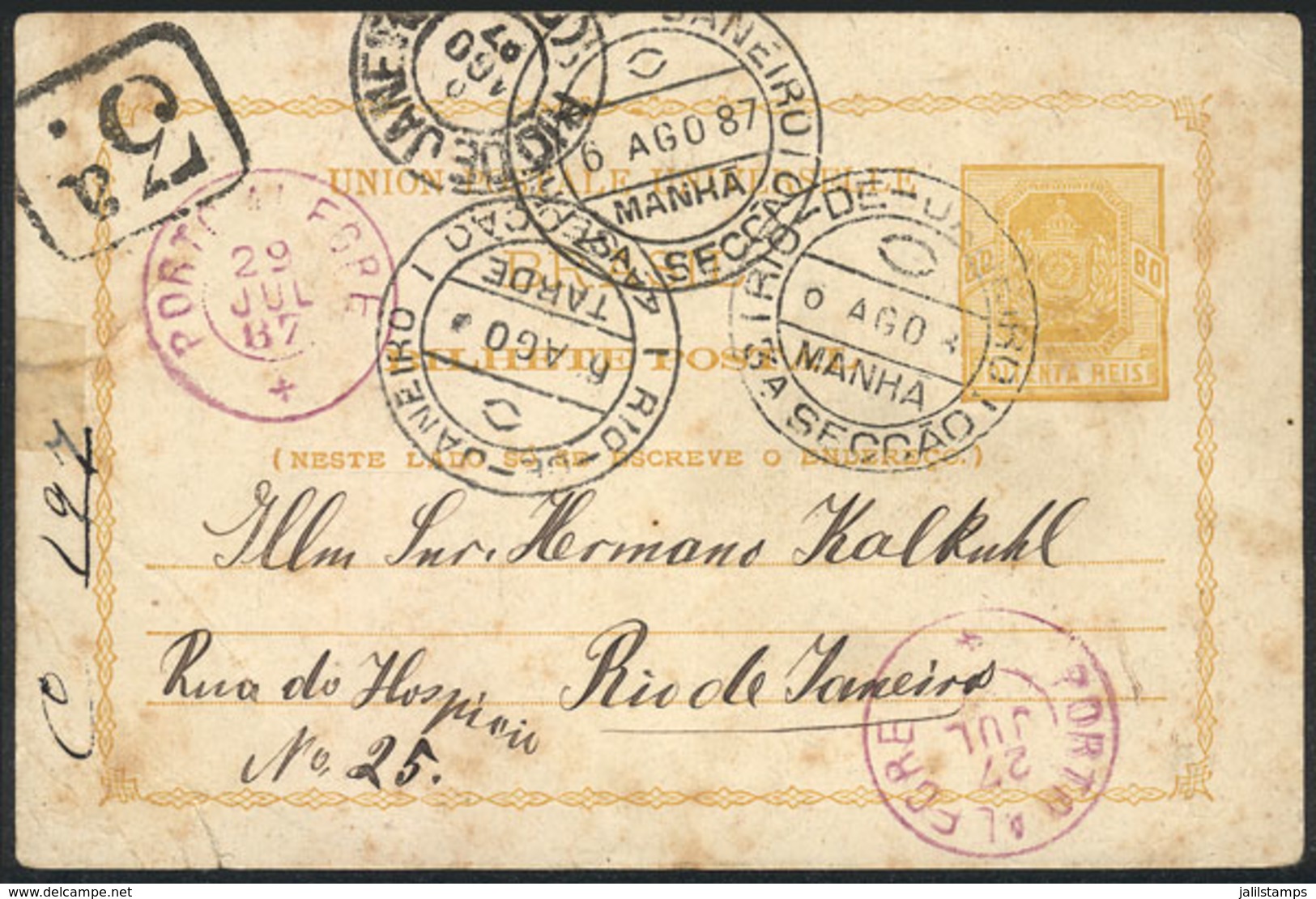 BRAZIL: 80Rs. Postal Card Sent From Sao Leopoldo To Rio De Janeiro On 26/JUL/1887, With Good Number Of Cancels Of Rio An - Cartoline Maximum