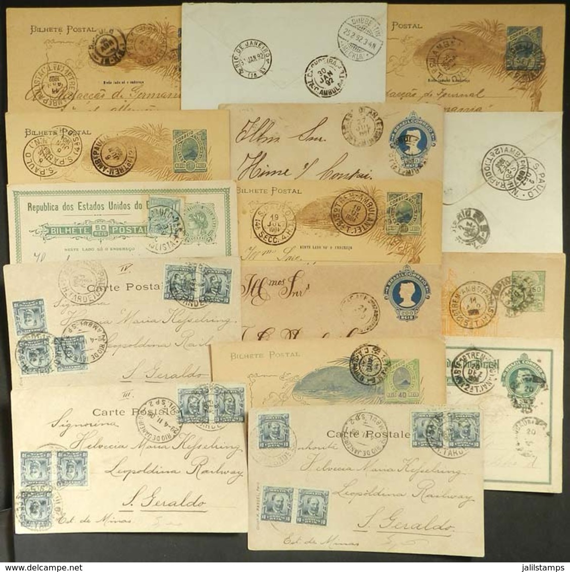 BRAZIL: 15 Covers, Cards Or Postal Stationeries Used Between 1892 And 1908, All With TRAVELING PO Cancels, Very Interest - Cartes-maximum