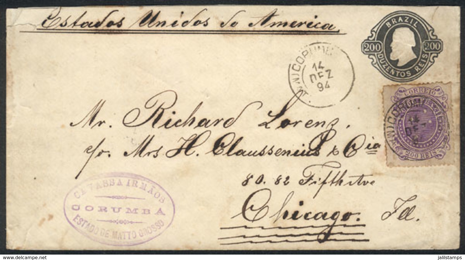 BRAZIL: 200Rs. Stationery Envelope + Sc.103 (total 400Rs.) Sent From Corumba To USA On 14/DE/1894, Handsome! - Cartes-maximum