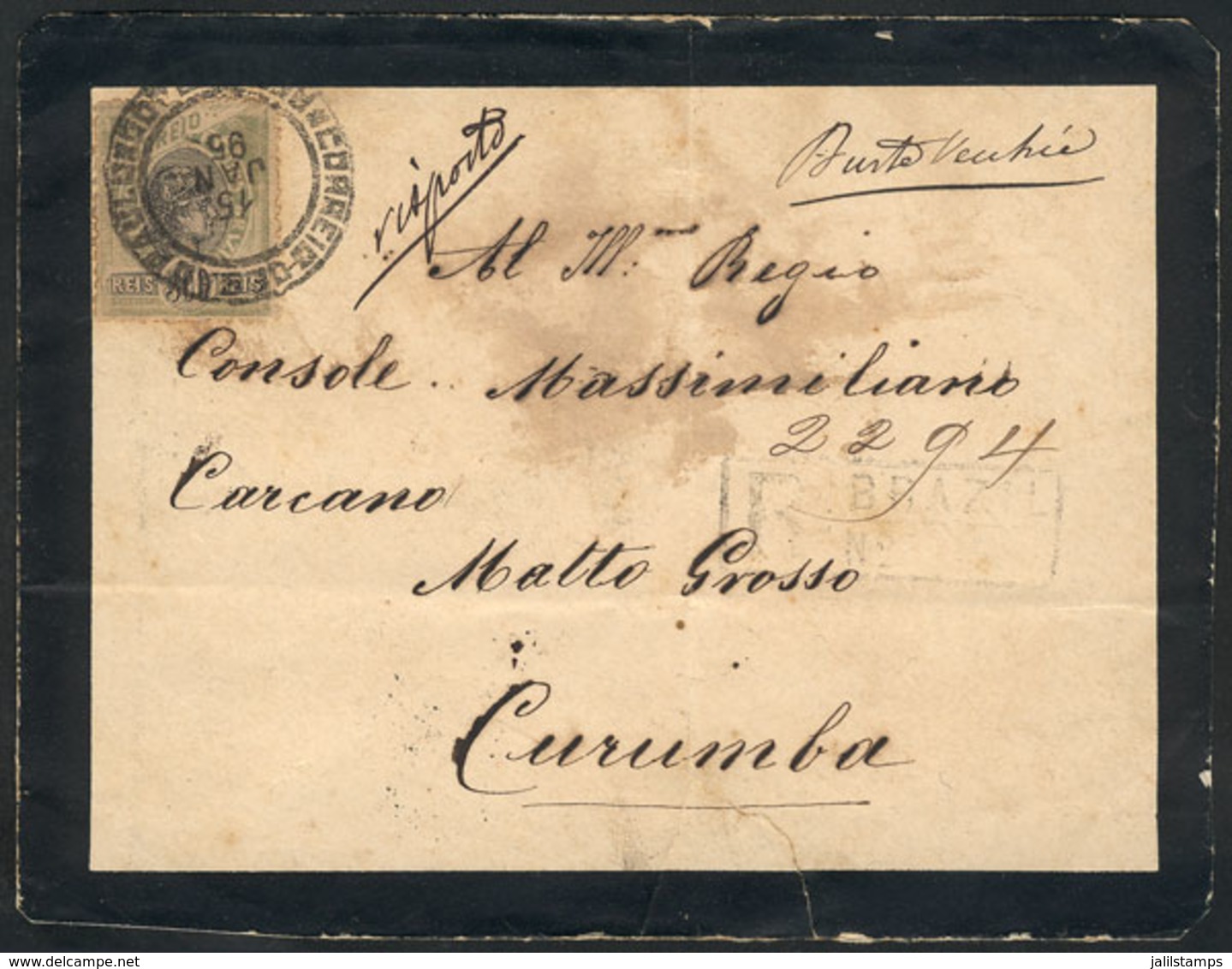BRAZIL: Mourning Cover Franked With 300Rs. (Sc.119a ALONE), Sent By Registered Mail From Rio To Curumba On 15/JA/1895, V - Cartoline Maximum