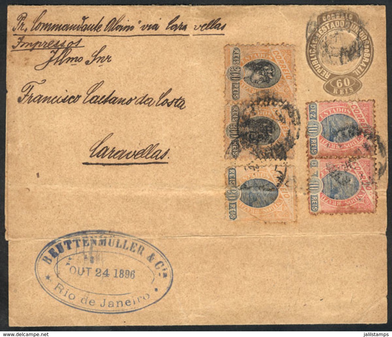 BRAZIL: 60Rs. Wrapper + Sc.113 Pair + 114 + 118 Pair (total Postage 520Rs.), Sent From Rio To Caravellas On 24/OC/1896,  - Maximumkaarten