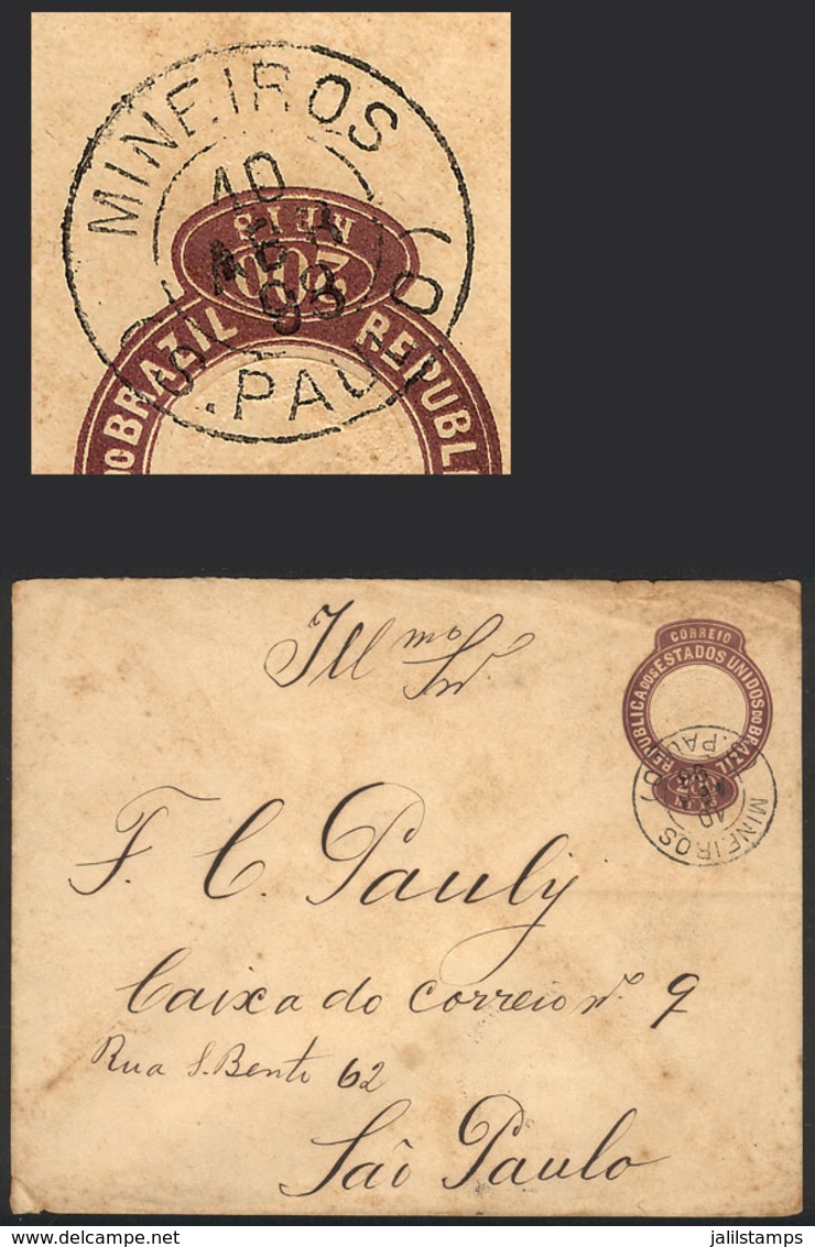 BRAZIL: 200Rs. Stationery Envelope To Sao Paulo, With Nice Postmark Of MINEIROS, Interesting! - Cartes-maximum