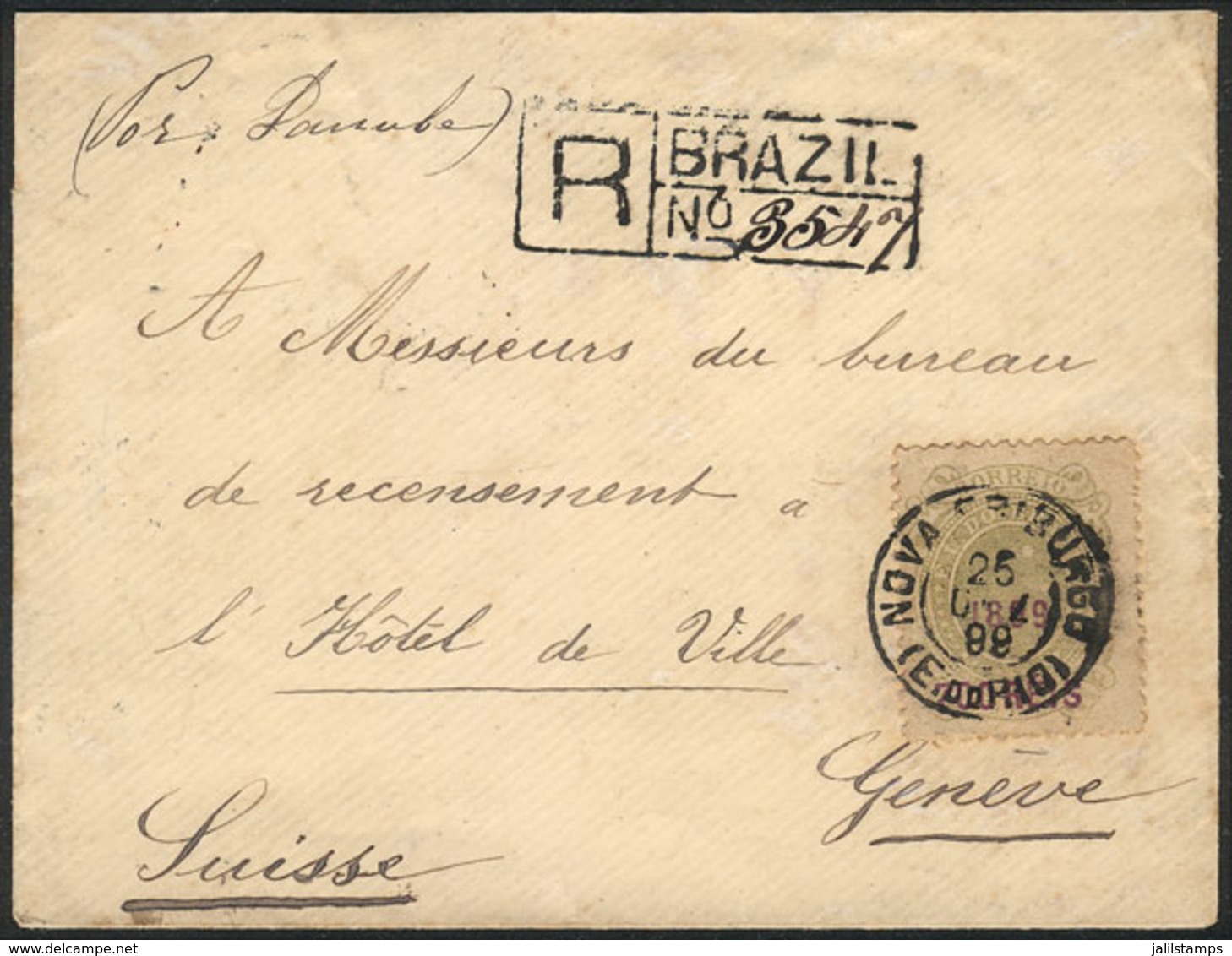 BRAZIL: Registered Cover Franked By Sc.155 ALONE (700Rs.), Sent From Nova Friburgo To Switzerland On 25/DE/1899, VF Qual - Cartes-maximum