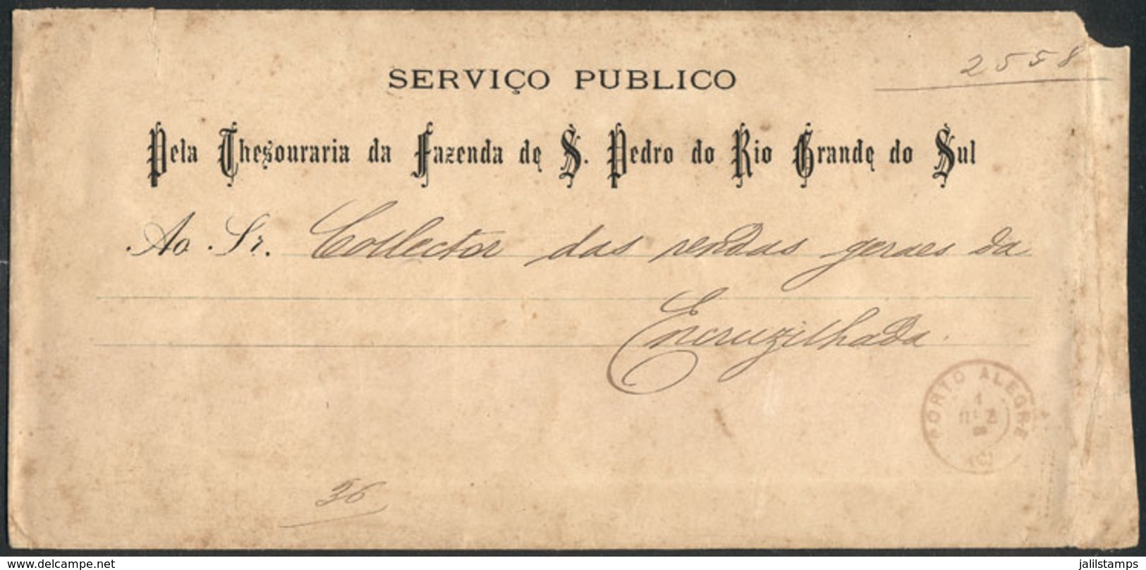 BRAZIL: Official Cover Sent Stampless From Porto Alegre To Encruzilhada On 1/DE/1901, Very Interesting! - Cartoline Maximum