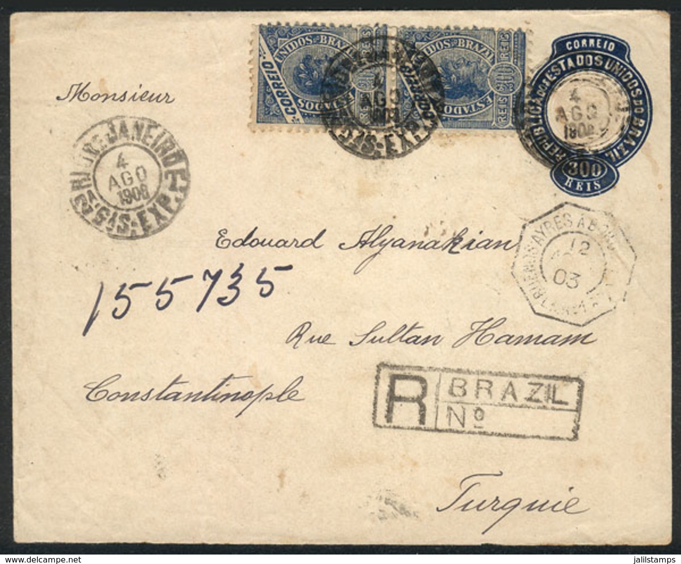 BRAZIL: 300Rs. Stationery Envelope + 2x 200Rs., Sent By Registered Mail From Rio To Constantinople (Turkey) On 4/AU/1903 - Cartoline Maximum