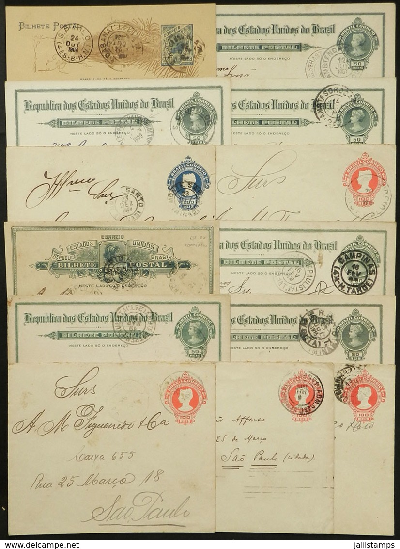 BRAZIL: 13 Postal Stationeries Posted Between 1904 And 1915, All With Interesting Train Postmars, Traveling PO Cancels,  - Cartoline Maximum
