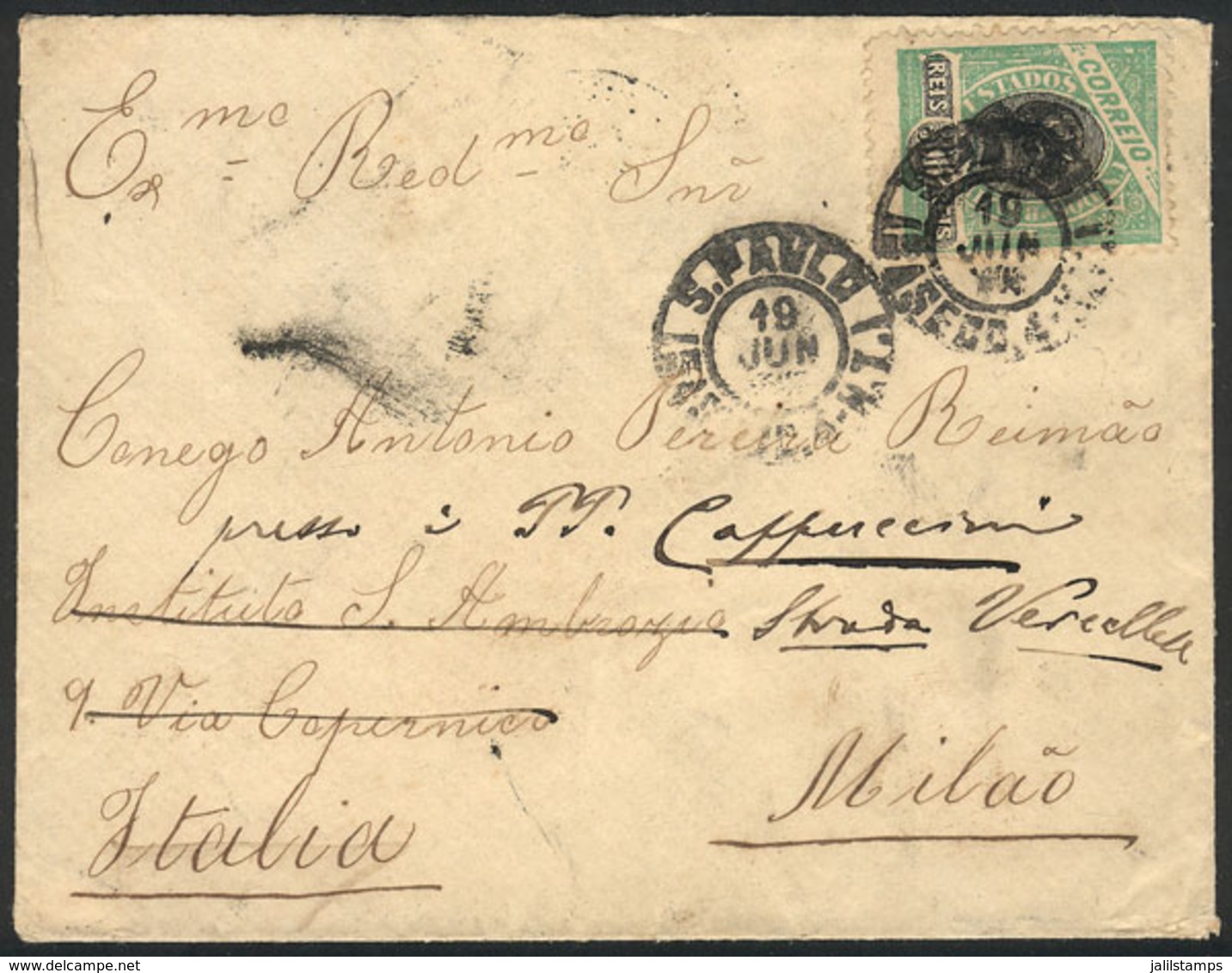 BRAZIL: Cover Franked With 300Rs., Sent From Sao Paulo To Italy On 19/JUN/1906, VF Quality! - Cartoline Maximum