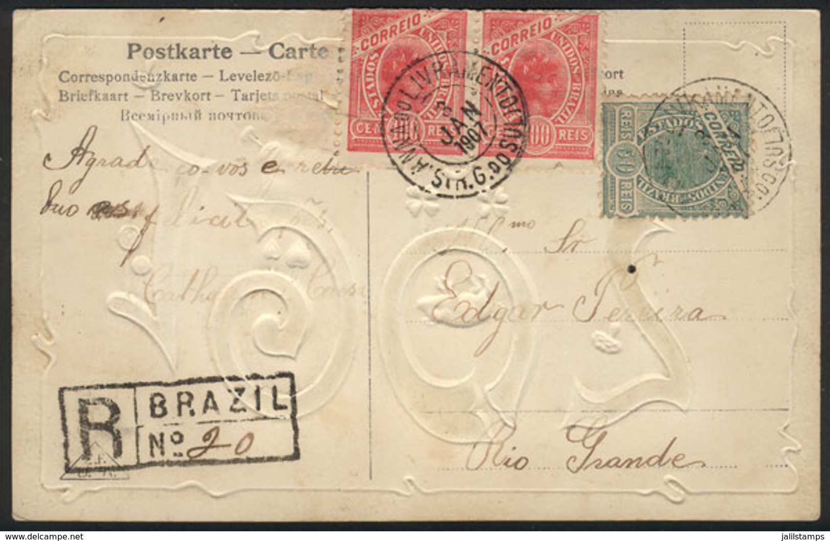 BRAZIL: Postcard Franked With 250Rs. Sent By REGISTERED Mail From S. ANNA DO LIVRAMENTO To Rio Grande On 3/JA/1907, VF,  - Cartes-maximum