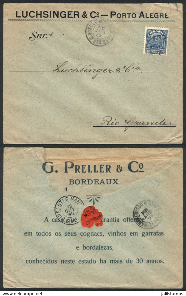 BRAZIL: Cover With Advertising On Back: COGNAC AND WINES, Sent From Porto Alegre To Rio Grande On 18/AU/1914, Very Nice! - Cartoline Maximum