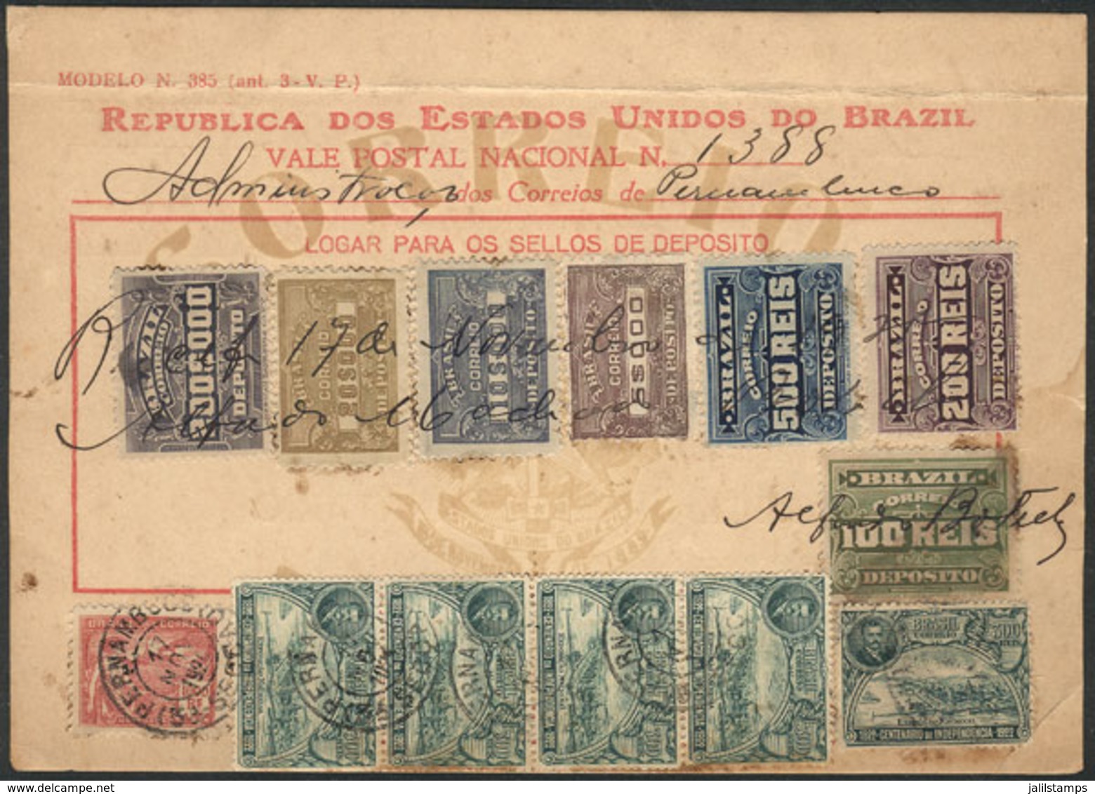 BRAZIL: Postal Money Order (vale Postal Nacional) Sent From Pernambuco To Bahia On 17/NO/1925, Franked With 300Rs. Indep - Cartoline Maximum