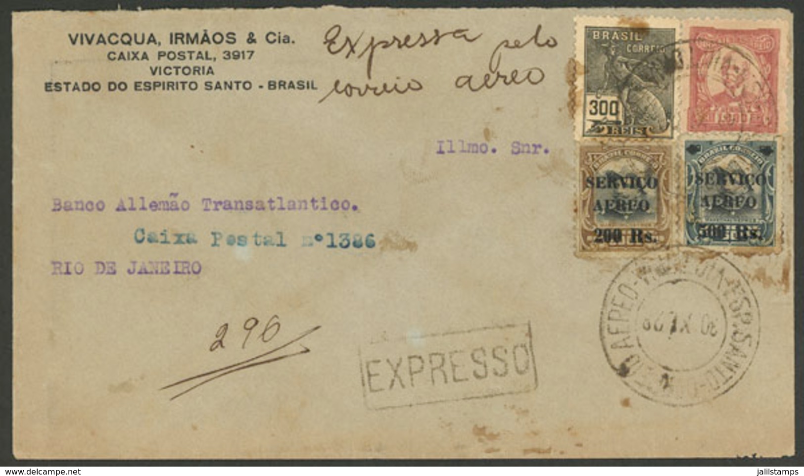 BRAZIL: 30/NO/1928 Victoria - Rio De Janeiro, Express Airmail Cover With Nice Franking For 2,000Rs. - Cartes-maximum