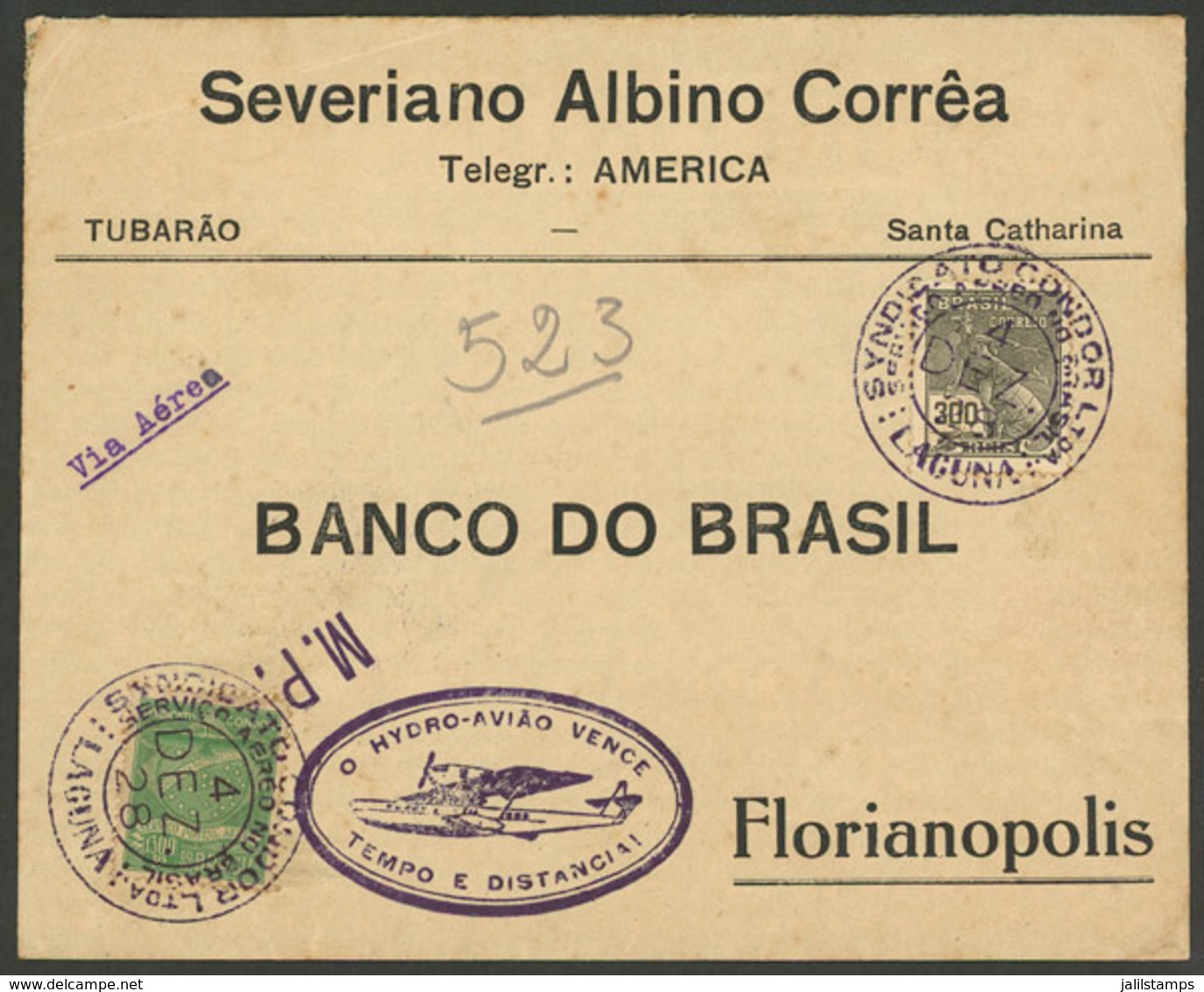 BRAZIL: 4/DE/1929 Laguna - Florianopolis, Cover Flown By CONDOR Seaplane, With Arrival Backstamp Of The Same Day, VF Qua - Cartoline Maximum