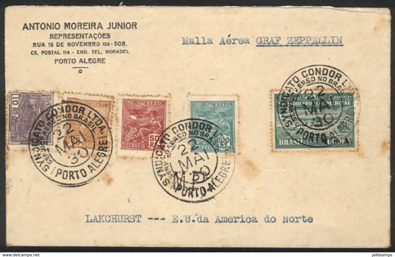 BRAZIL: Cover Flown By ZEPPELIN, Sent From Porto Alegre To USA On 22/MAY/1930, Franked By RHM.Z-7 + Other Values, Very N - Cartoline Maximum
