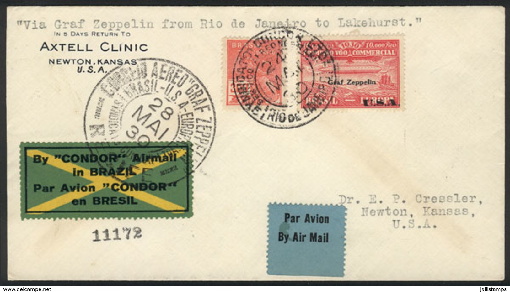BRAZIL: Cover Flown By ZEPPELIN, Sent From Rio De Janeiro To USA On 24/MAY/1930, Franked By RHM.Z-8 + Another Value, VF  - Cartoline Maximum