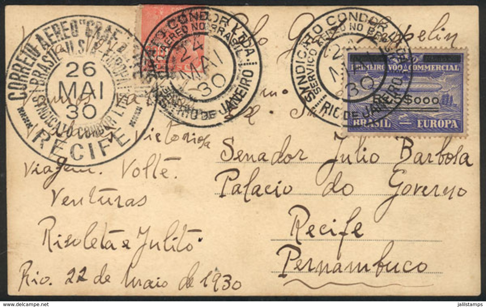 BRAZIL: 24/MAY/1930 Rio De Janeiro - Recife: PC Flown By ZEPPELIN, Franked With Special Stamp Of 5,000Rs. (Sc.4CL4, Valu - Cartoline Maximum