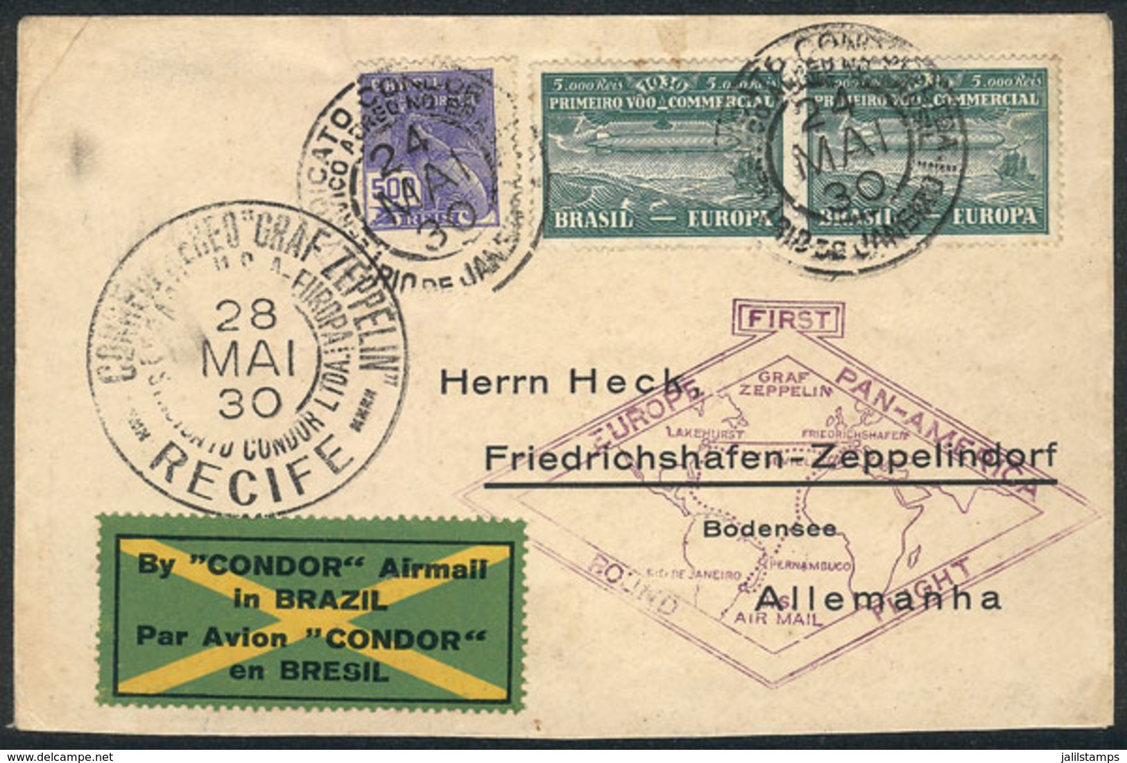 BRAZIL: ZEPPELIN: Cover Sent From Rio De Janeiro To Germany On 28/MAY/1930, Franked With Pair RHM.Z-1 + Definitive Stamp - Cartoline Maximum