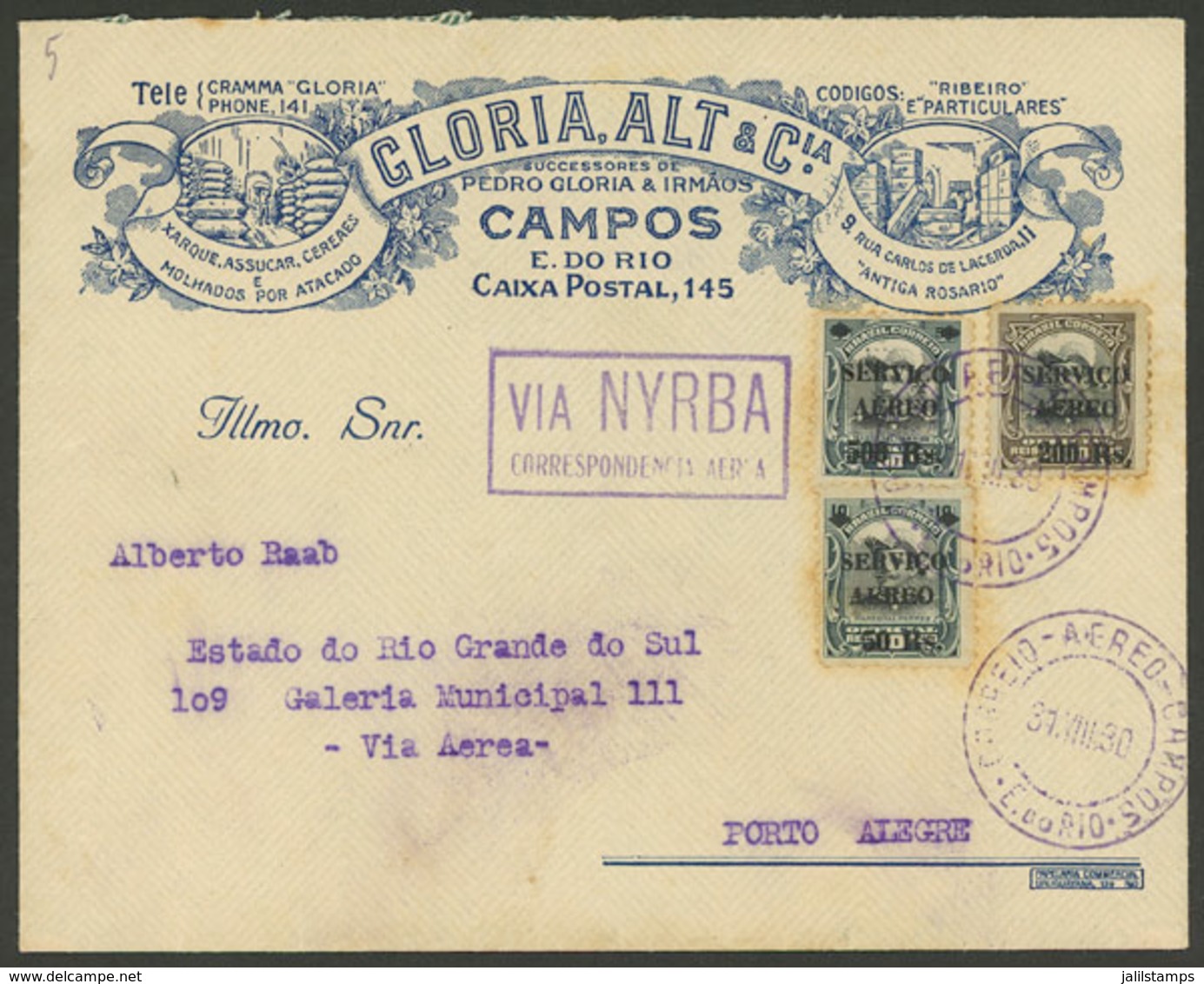 BRAZIL: 31/AU/1930 Campos - Porto Alegre: Airmail Cover With Nice Commercial Corner Card, Sent Via NYRBA, With Arrival B - Cartes-maximum