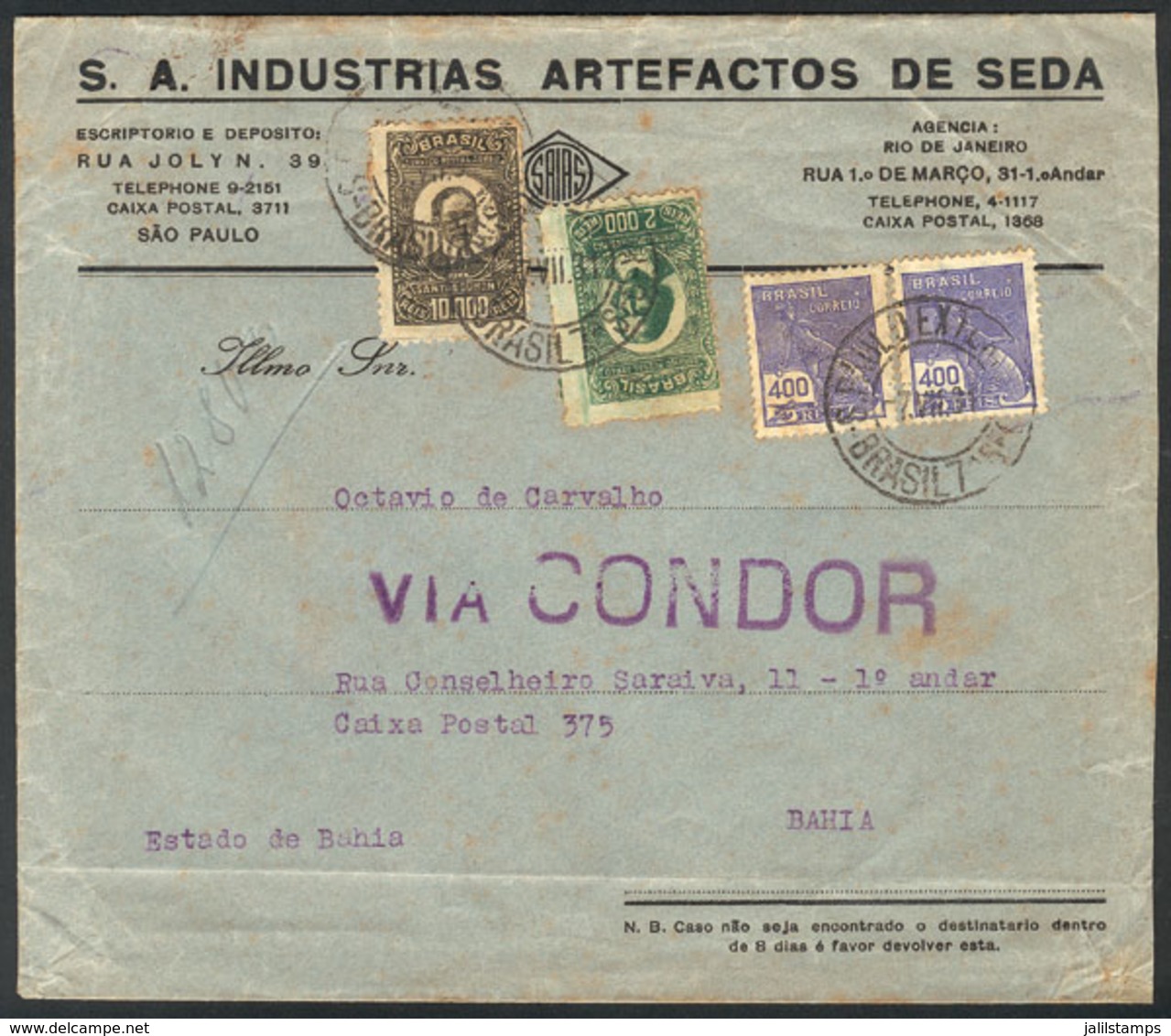 BRAZIL: Airmail Cover Sent From Sao Paulo To Bahia On 7/JUL/1931 Franked With 12,800Rs., Very Nice! - Cartoline Maximum