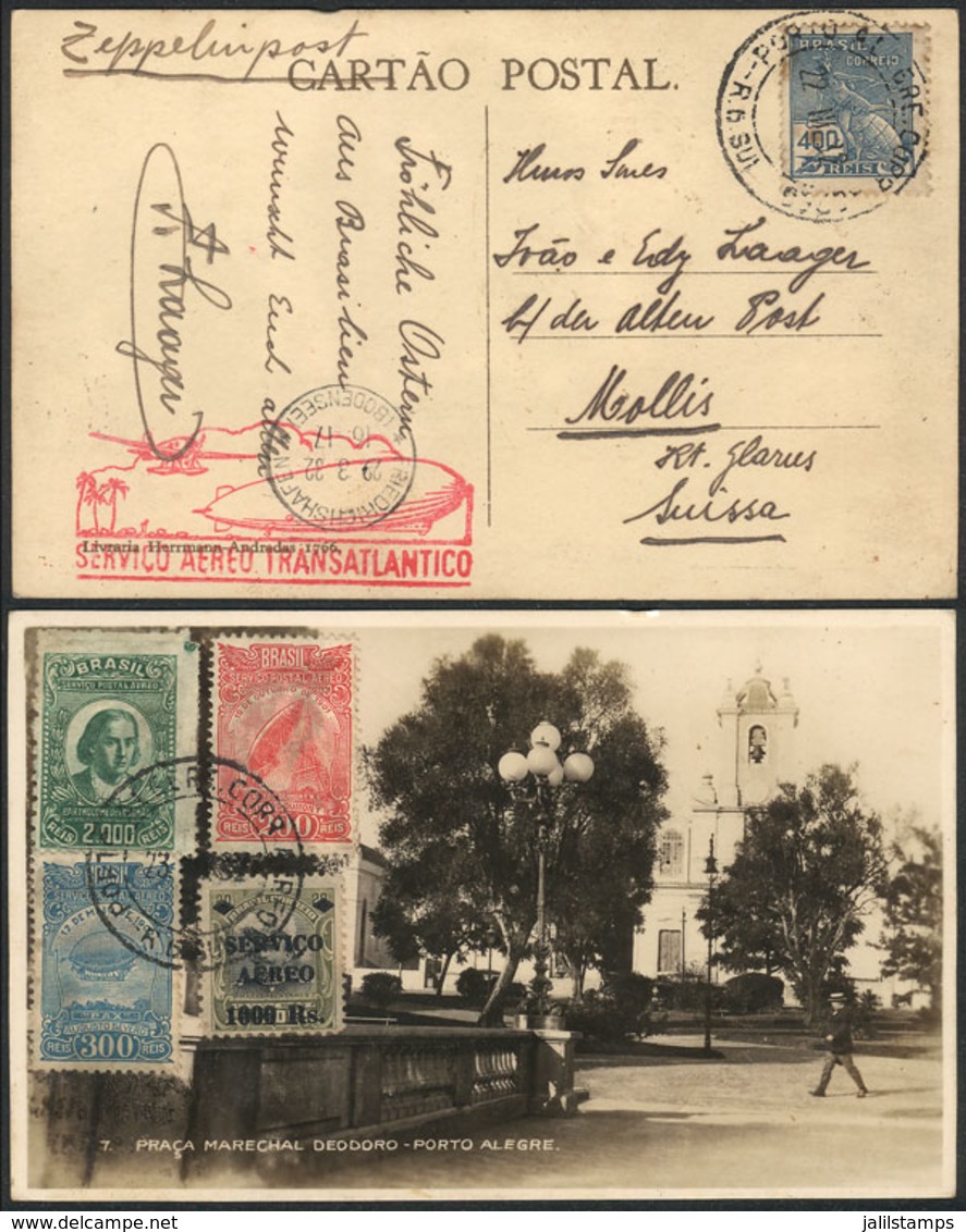 BRAZIL: Postcard (Porto Alegre, Praca Marechal Deodoro) Franked With 3,900Rs. And Sent Via ZEPPELIN From Porto Alegre To - Cartes-maximum