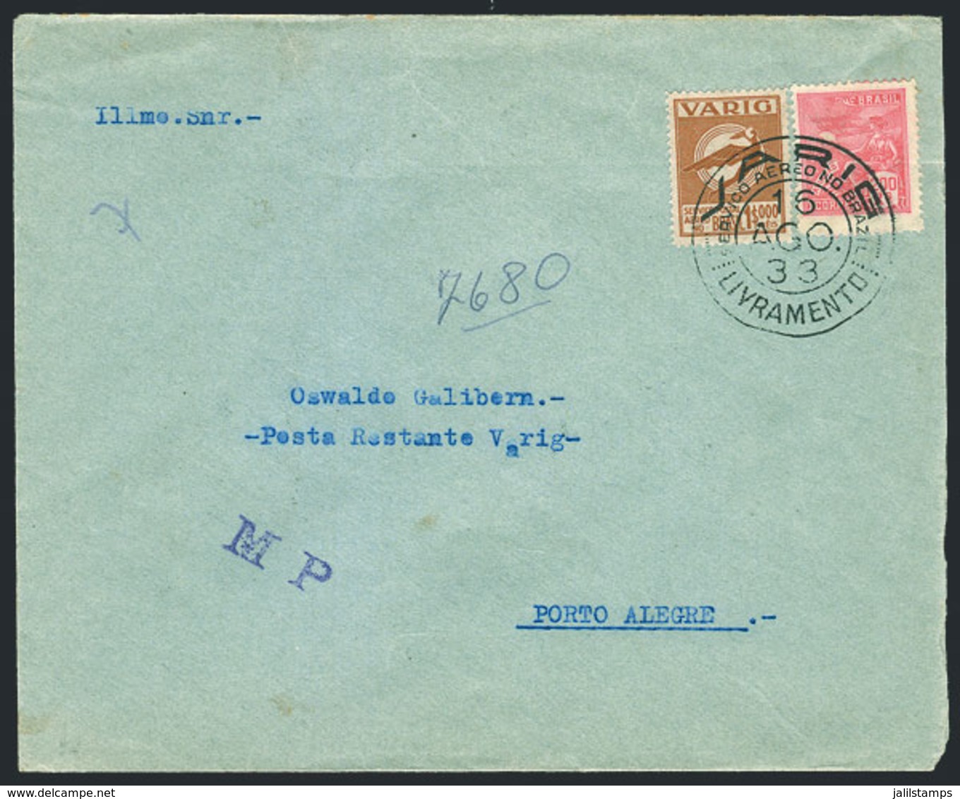 BRAZIL: Airmail Cover Sent Via VARIG From Livramento To Porto Alegre On 16/AU/1933 Franked By RHM.V-32 + Another Value,  - Cartes-maximum