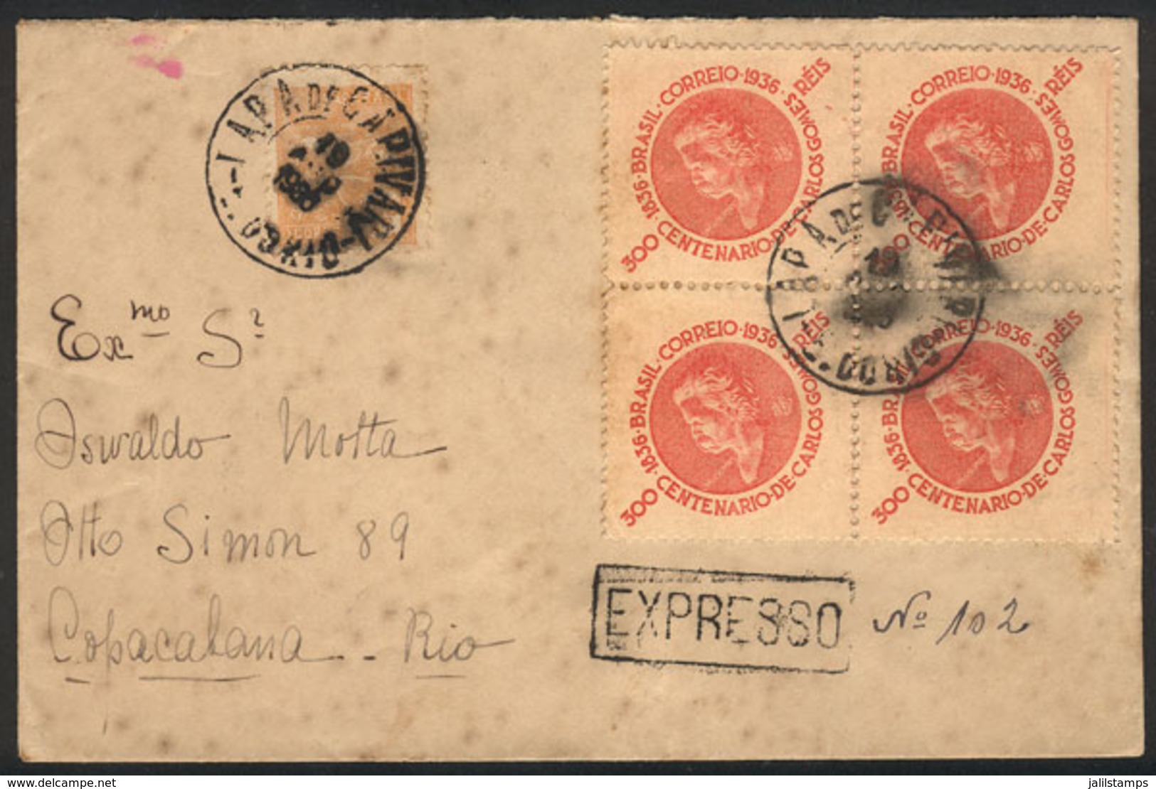 BRAZIL: Express Cover Sent From LAPA DE CAPIVARI To Rio On 19/AU/1936 Franked With 1,300Rs. Including A Block Of 4 Of RH - Cartoline Maximum