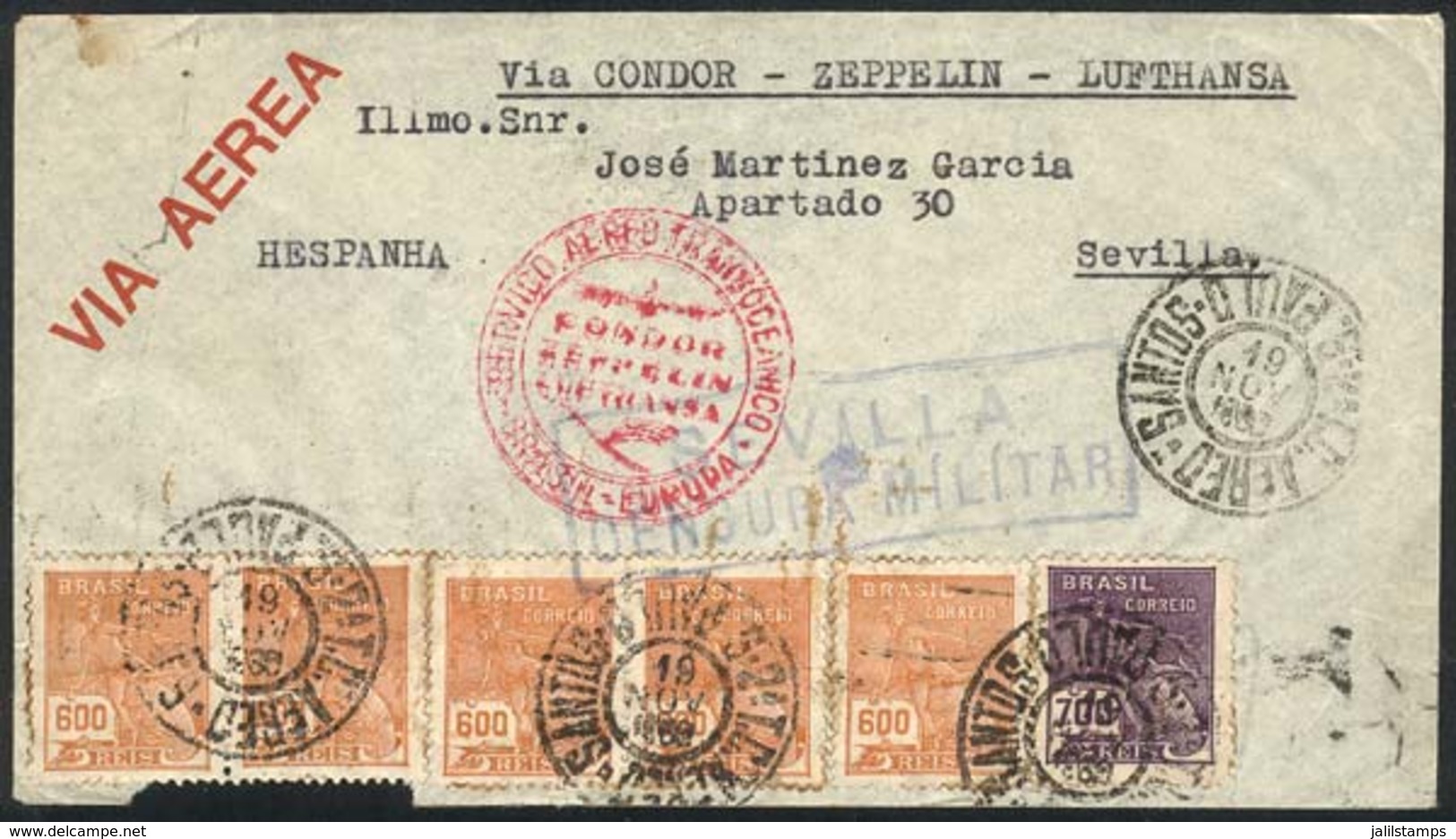 BRAZIL: Airmail Cover Sent From Santos To Sevilla On 19/NO/1936 Franked With 3,700Rs., On Front CENSOR Mark Of Sevilla,  - Cartoline Maximum
