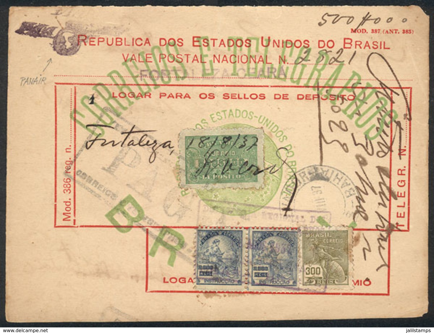 BRAZIL: Postal Money Order (vale Postal) Of 18/AU/1937 With Stamp Of 500,000Rs. Bright Green (RHM.D-78), Rare! - Cartoline Maximum