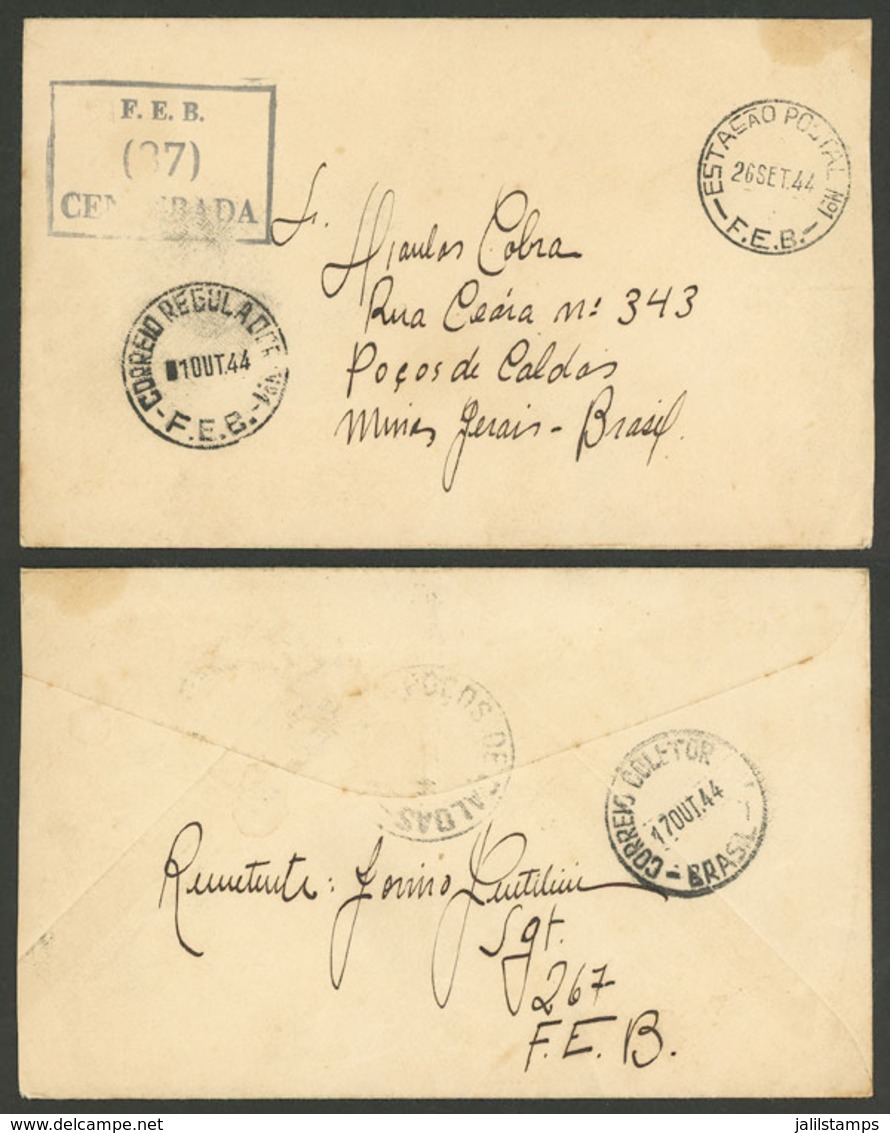 BRAZIL: Cover Sent By A Soldier Of The F.E.B. To Poços De Caldas On 26/SE/1944, With Interesting Markings On Front And B - Cartoline Maximum