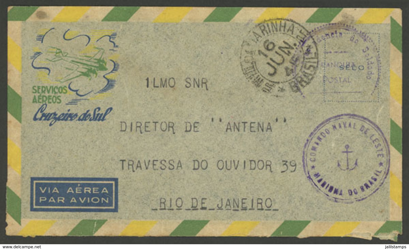 BRAZIL: Airmail Cover Sent From Salvador To Rio On 16/JUN/1945 With MILITARY FRANCHISE OF THE NAVY, And Several Interest - Cartoline Maximum