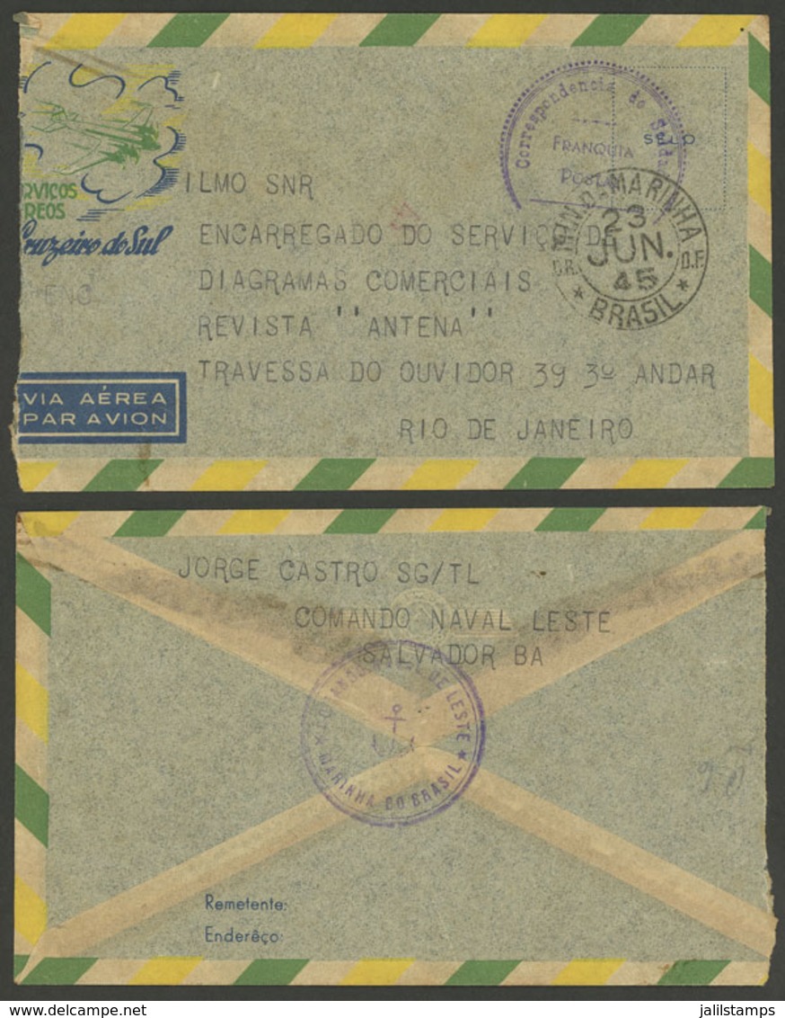 BRAZIL: Airmail Cover Sent From Salvador To Rio On 23/JUN/1945 With MILITARY FRANCHISE OF THE NAVY, And Several Interest - Cartoline Maximum