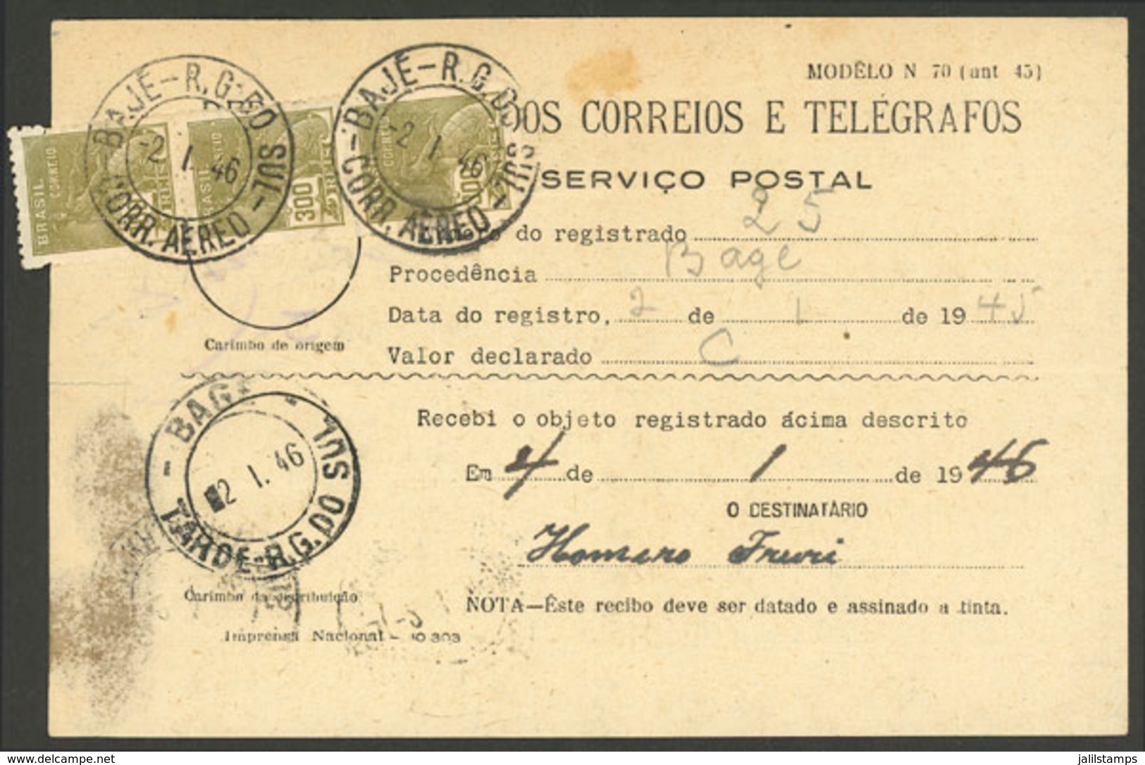 BRAZIL: Return Receipt Of A Registered Cover Sent From Bagé To Porto Alegre On 2/JA/1946, Franked With 800Rs., Interesti - Cartoline Maximum