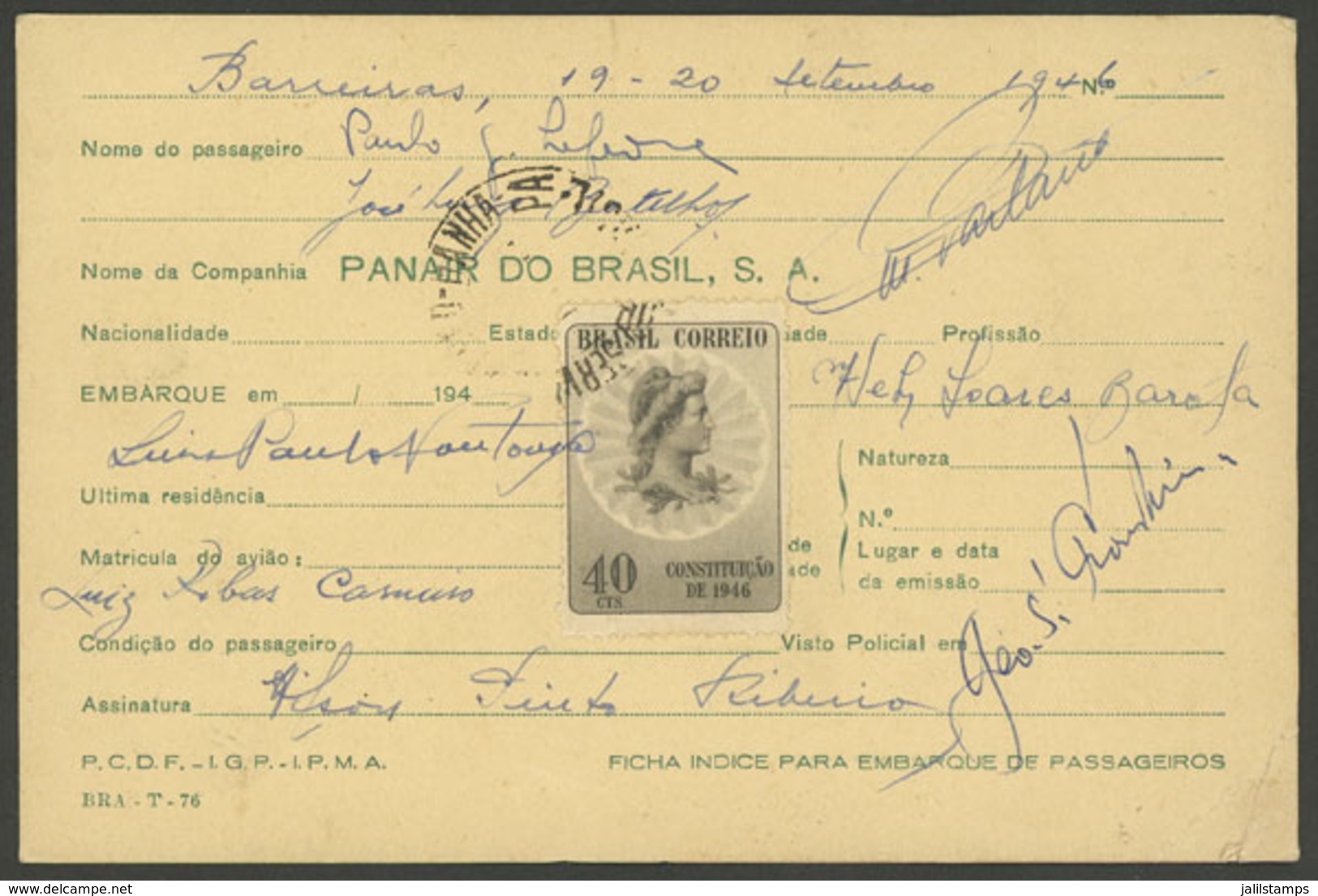 BRAZIL: Index Card For Boarding Passenger, Dated Barreiras 19-20 September 1946, With 40c. Stamp And Postal Cancellation - Cartoline Maximum