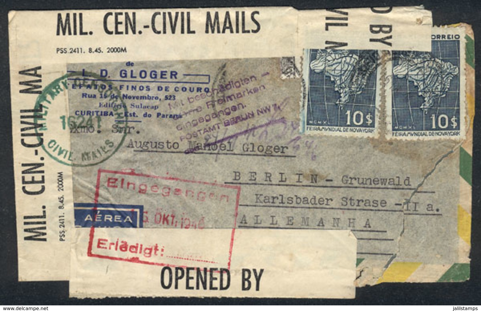 BRAZIL: Airmail Cover Sent From Curitiba To Berlin (Germany) On 26/SE/1946, Franked By RHM.C-155 X2 (apparently There Wa - Cartoline Maximum