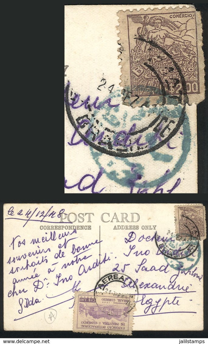BRAZIL: Postcard Sent To Egypt On 24/DE/1948, Where It Received An Interesting Postal Or Censor Mark In Green-blue Appli - Cartoline Maximum