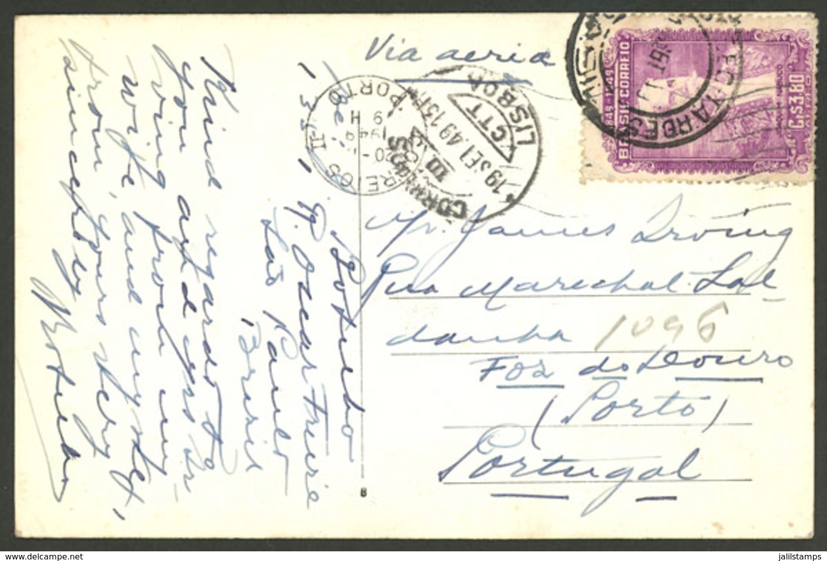 BRAZIL: PC Sent From Sao Paulo To Portugal In SE/1949 With Nice "isolated" Postage" - Cartoline Maximum