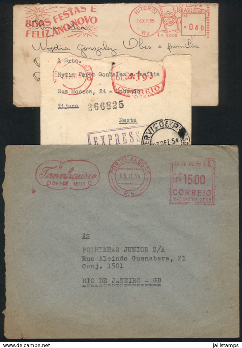 BRAZIL: 3 Covers Used Between 1954 And 1964, Interesting Meter Postages, Topic Christmas, New Year Etc., Very Nice! - Cartoline Maximum