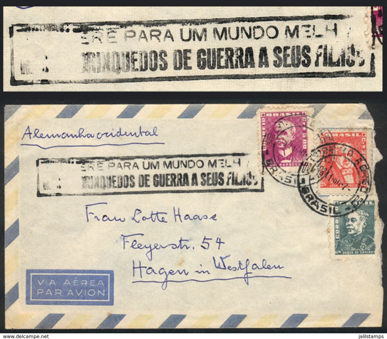 BRAZIL: Airmail Cover Sent From Porto Alegre To Germany On 18/NO/1960, With Interesting Rectangular Handstamp Against Wa - Cartoline Maximum