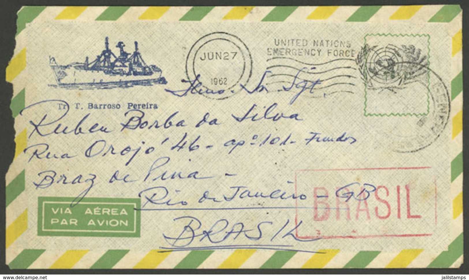 BRAZIL: Cover Posted By A Brazilian Soldier In The UNO Emergency Forces In EGYPT On 27/JUN/1962, To His Family In Rio, W - Cartoline Maximum