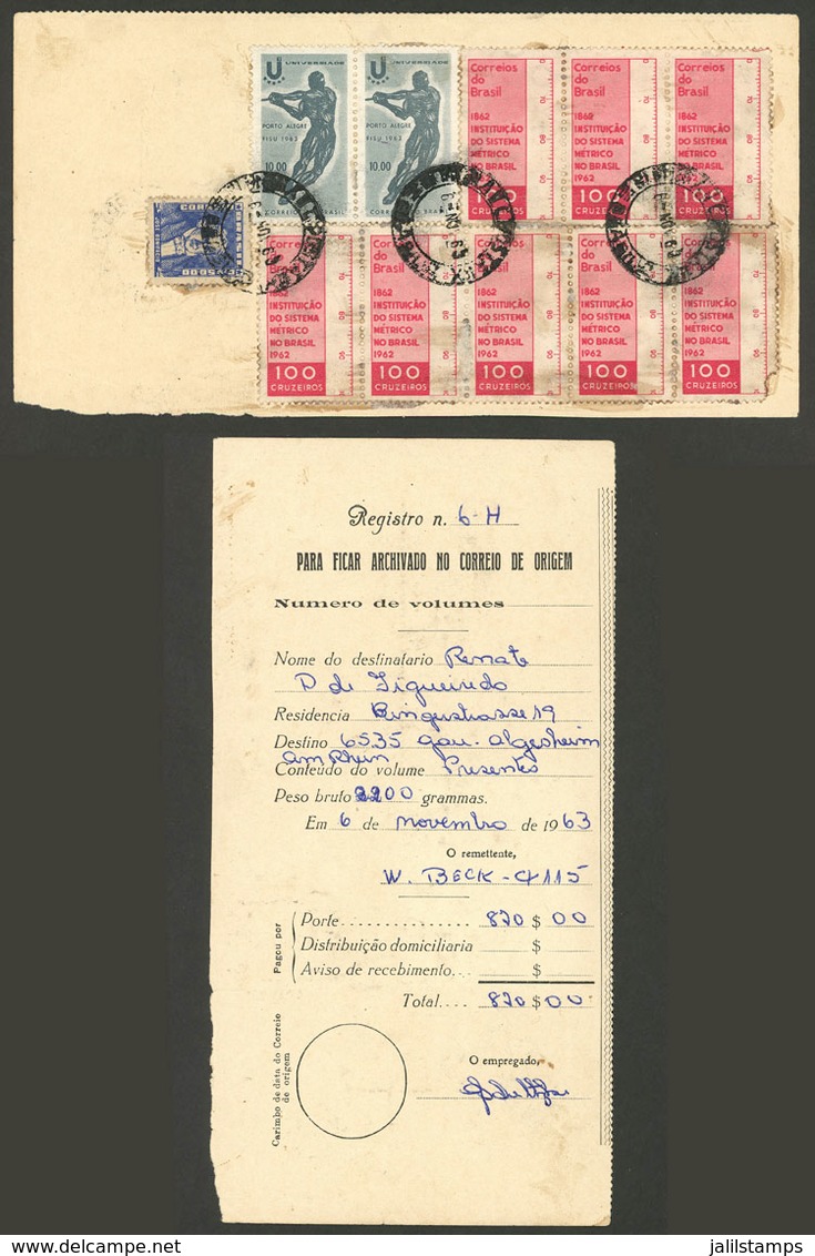 BRAZIL: Receipt For A Parcel Post Sent To Germany On 6/NO/1963, With Franking For 870Rs. (almost All Commemorative Stamp - Cartoline Maximum