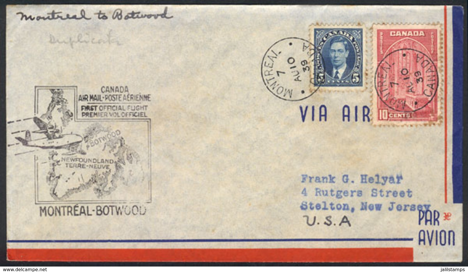 CANADA: 10/AU/1939 Montreal - Botwood: First Official Flight, With Arrival Backstamp - Autres & Non Classés