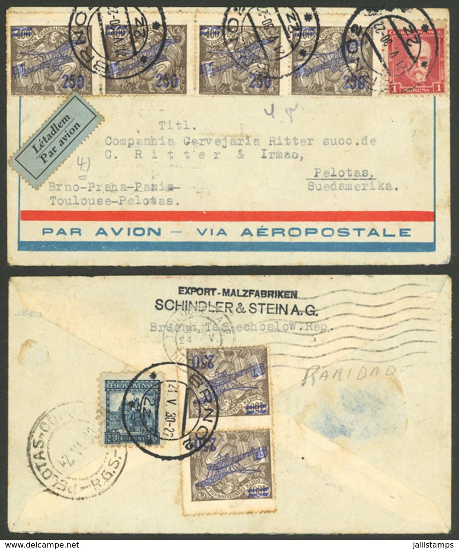 CZECHOSLOVAKIA: Airmail Cover Sent From Brno To Brazil On 21/MAY/1930, With Spectacular Postage Including Sc.C9 X6, VF Q - Lettres & Documents